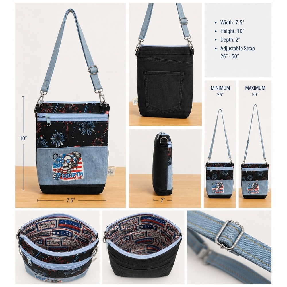 Sew Salvage LLC Fourth of July Denim Crossbody Bag Patriotic Skull Fireworks Bag